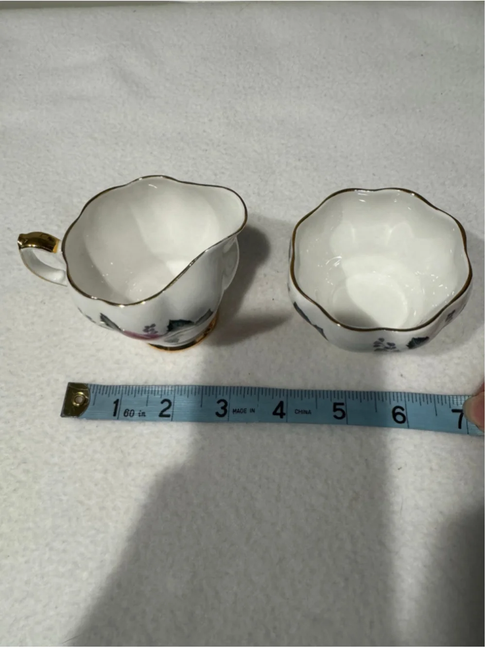 Vintage Queen Anne Bone China Creamer & Sugar Bowl Set, White Pink Floral Gold